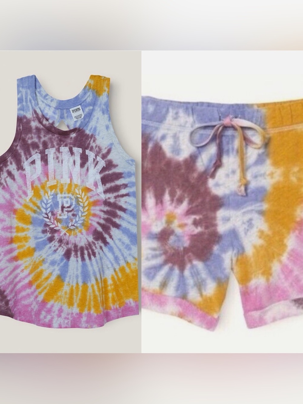 Victoria’s Secret PINK Tie Dye Tank Top and Shorts Set arched PINK logo HTF